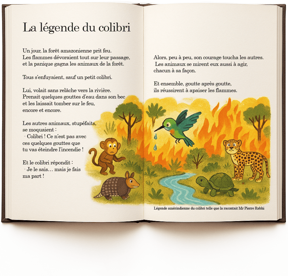 Livre ouvert avec la légende du colibri