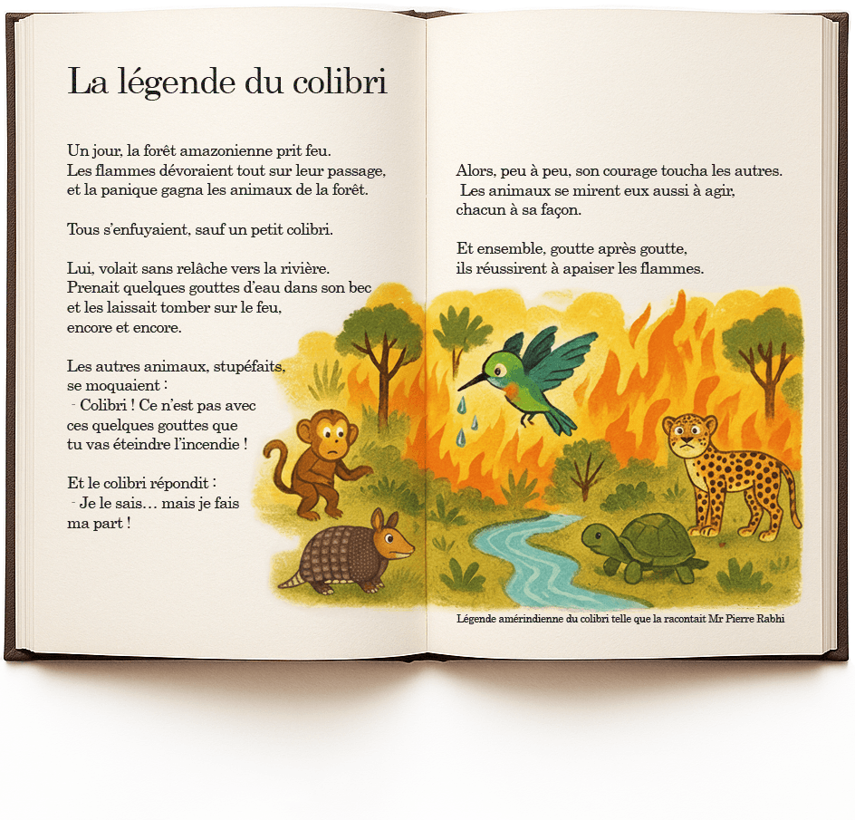 Livre ouvert avec la légende du colibri